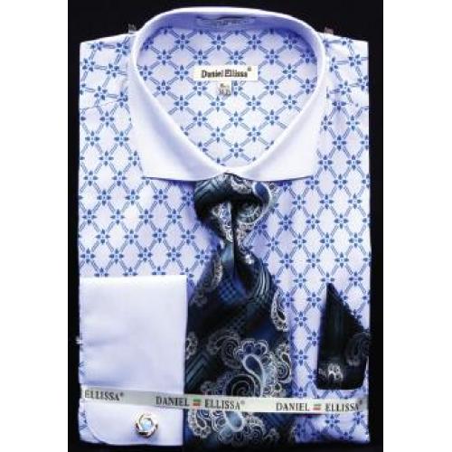 Fratello Blue / White Diamond Weave Design 100% Cotton Shirt / Tie / Hanky Set With Free Cufflinks FRV4126P2.